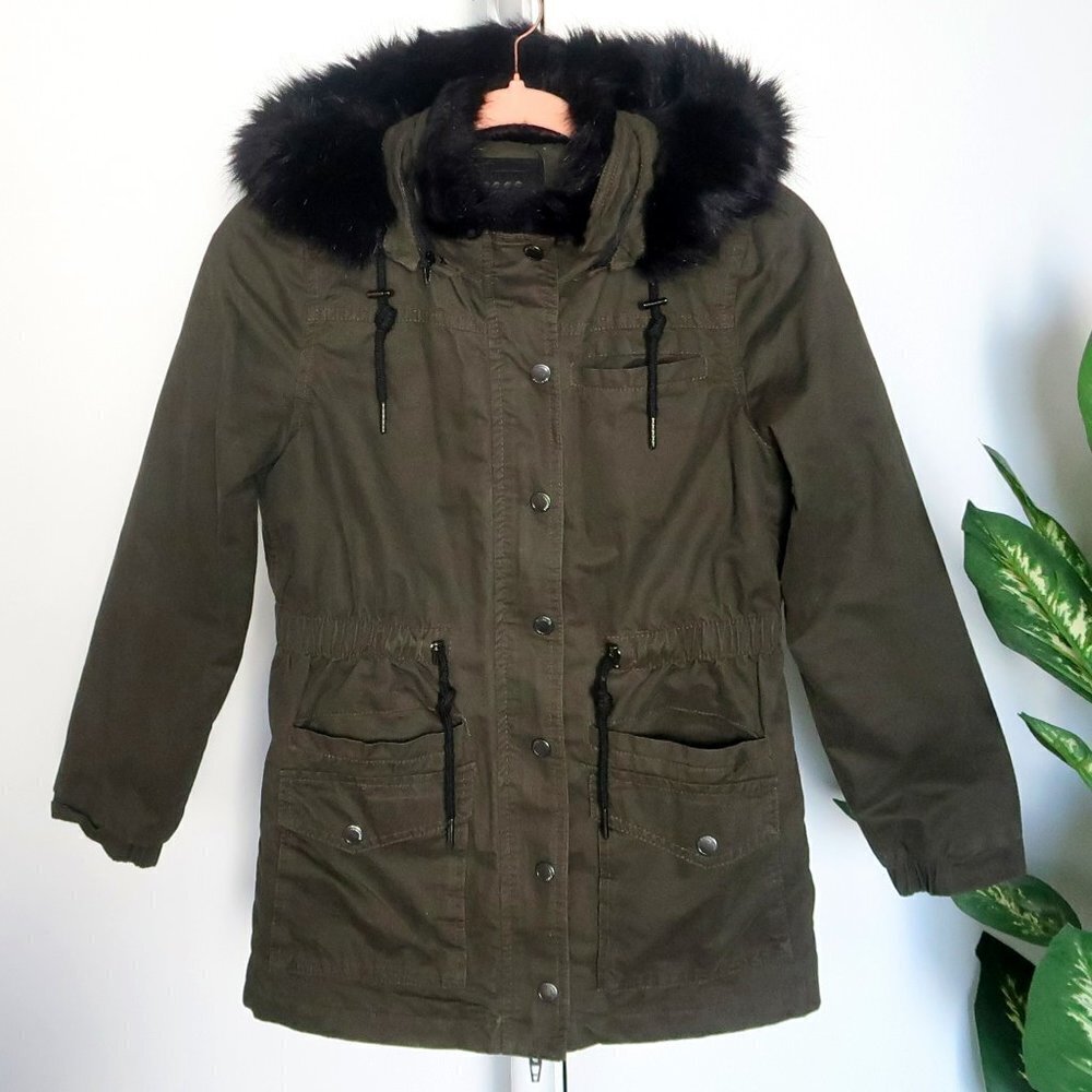 Blank NYC Girls Military Green Hooded Fall Jacket, Coat, Parka w Black Faux Fur